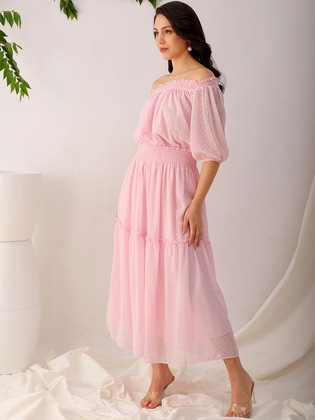 Women's Pink Fit and Flare Textured Off Shoulder Tiered Dress