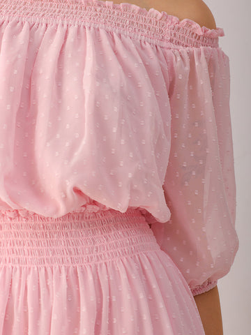 Women's Pink Fit and Flare Textured Off Shoulder Tiered Dress