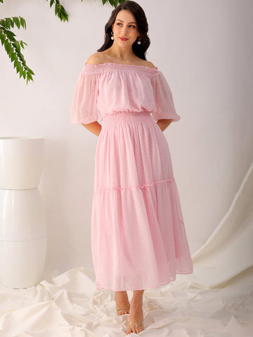 Women's Pink Fit and Flare Textured Off Shoulder Tiered Dress