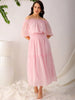 Women's Pink Fit and Flare Textured Off Shoulder Tiered Dress