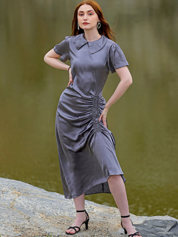 Women's Grey Straight Solid Round Neck Asymmetric Dress