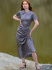 Women's Grey Straight Solid Round Neck Asymmetric Dress