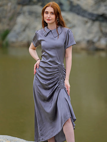 Women's Grey Straight Solid Round Neck Asymmetric Dress