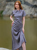 Women's Grey Straight Solid Round Neck Asymmetric Dress