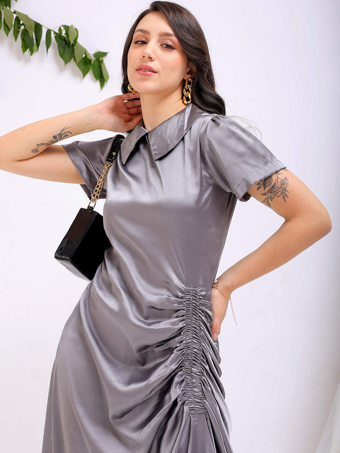 Women's Grey Straight Solid Round Neck Asymmetric Dress
