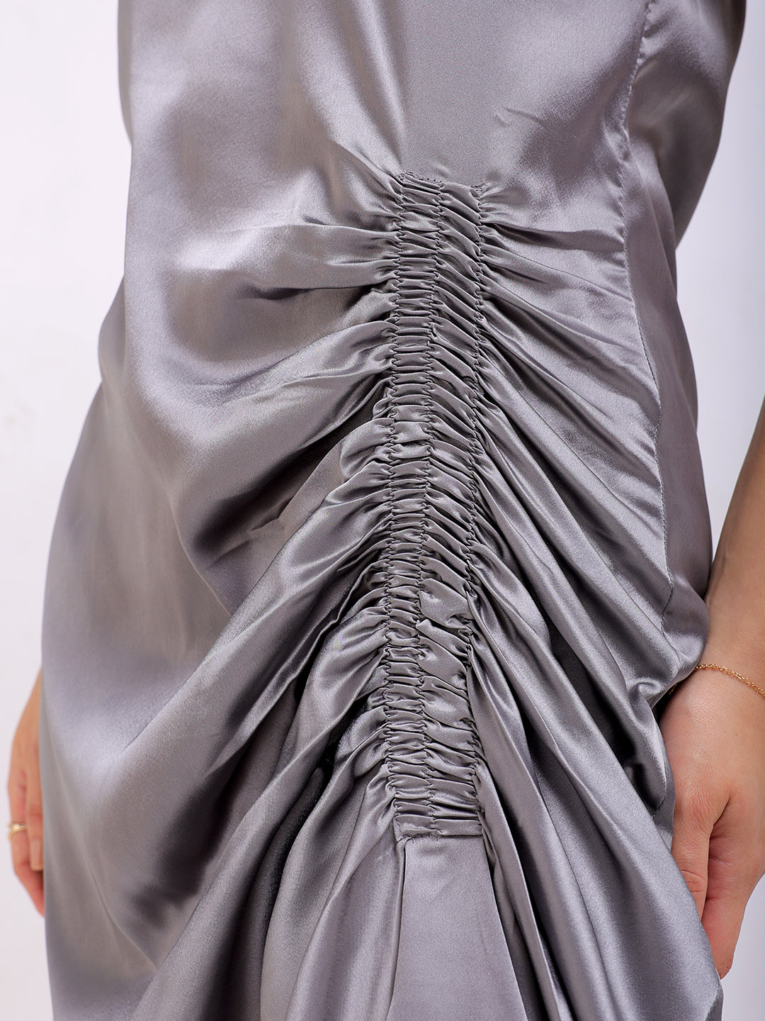 Women's Grey Straight Solid Round Neck Asymmetric Dress