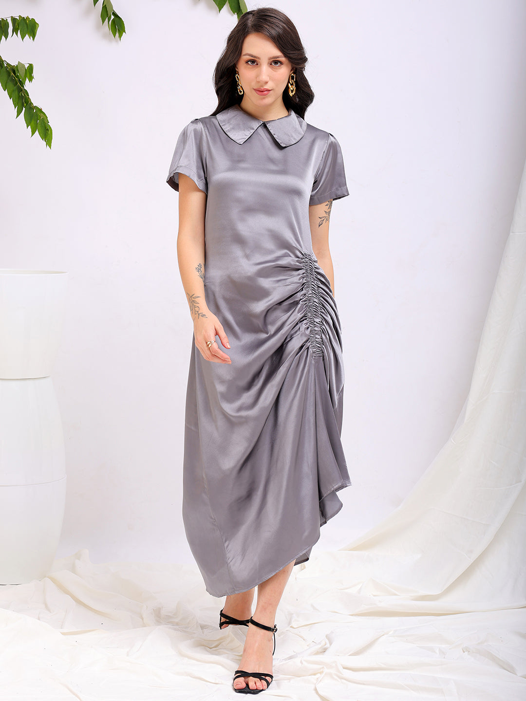 Women's Grey Straight Solid Round Neck Asymmetric Dress