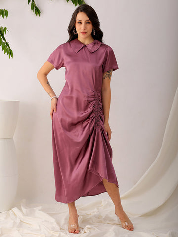 Women's Purple Straight Solid Round Neck Asymmetric Dress
