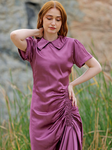 Women's Purple Straight Solid Round Neck Asymmetric Dress