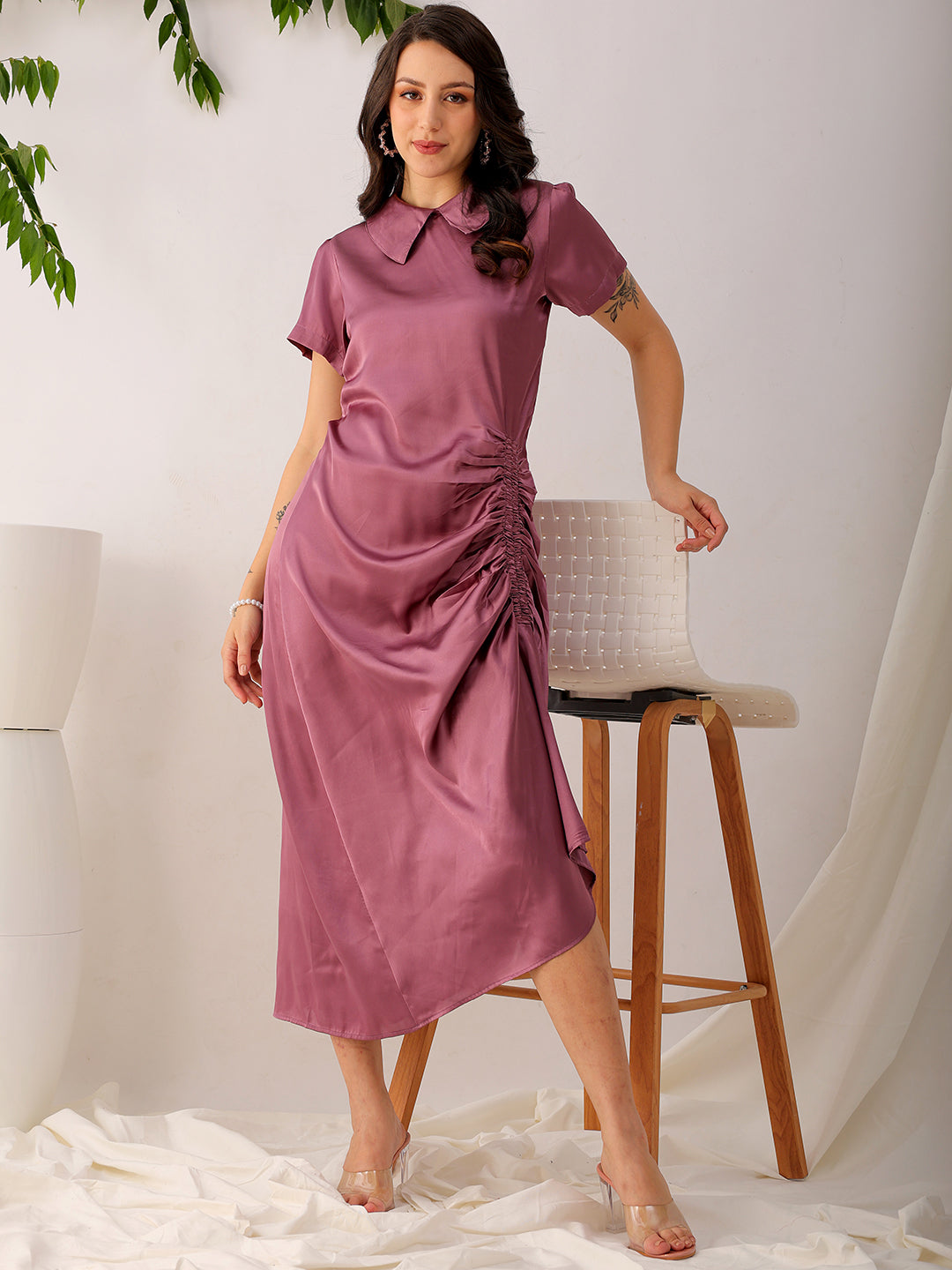 Women's Purple Straight Solid Round Neck Asymmetric Dress