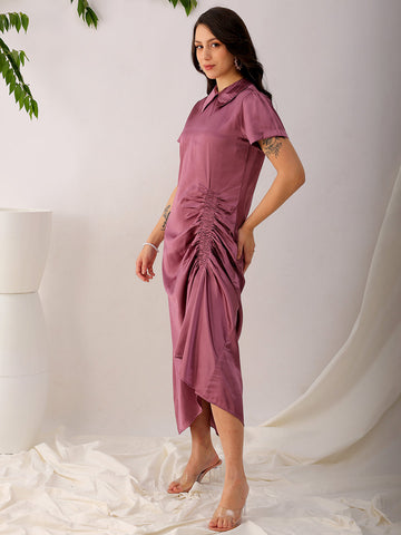 Women's Purple Straight Solid Round Neck Asymmetric Dress