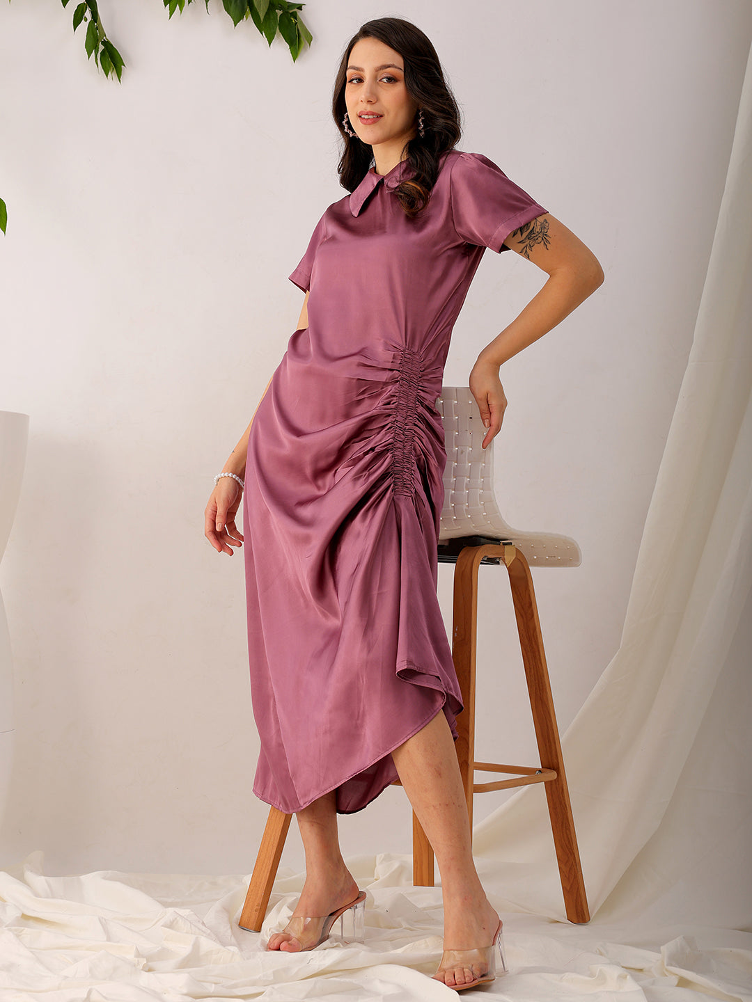 Women's Purple Straight Solid Round Neck Asymmetric Dress