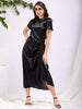 Women's Black Straight Solid Round Neck Asymmetric Dress