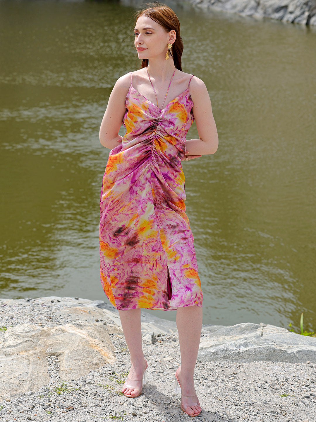 Women's Purple Regular Abstract V neck Ruched Dress