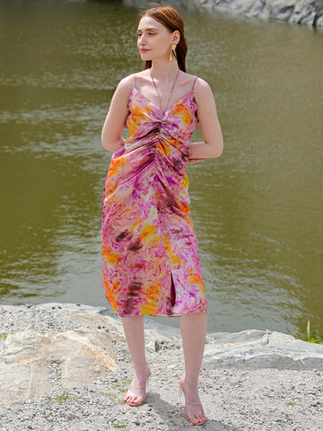 Women's Purple Regular Abstract V neck Ruched Dress