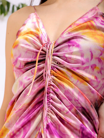 Women's Purple Regular Abstract V neck Ruched Dress