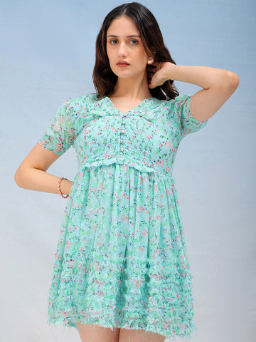 Women's Blue Fit and Flare Ditsy Printed Ruffle Dress