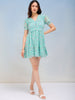 Women's Blue Fit and Flare Ditsy Printed Ruffle Dress