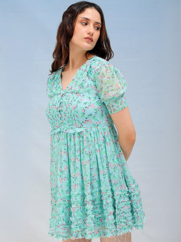 Women's Blue Fit and Flare Ditsy Printed Ruffle Dress