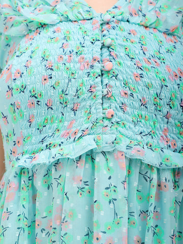 Women's Blue Fit and Flare Ditsy Printed Ruffle Dress