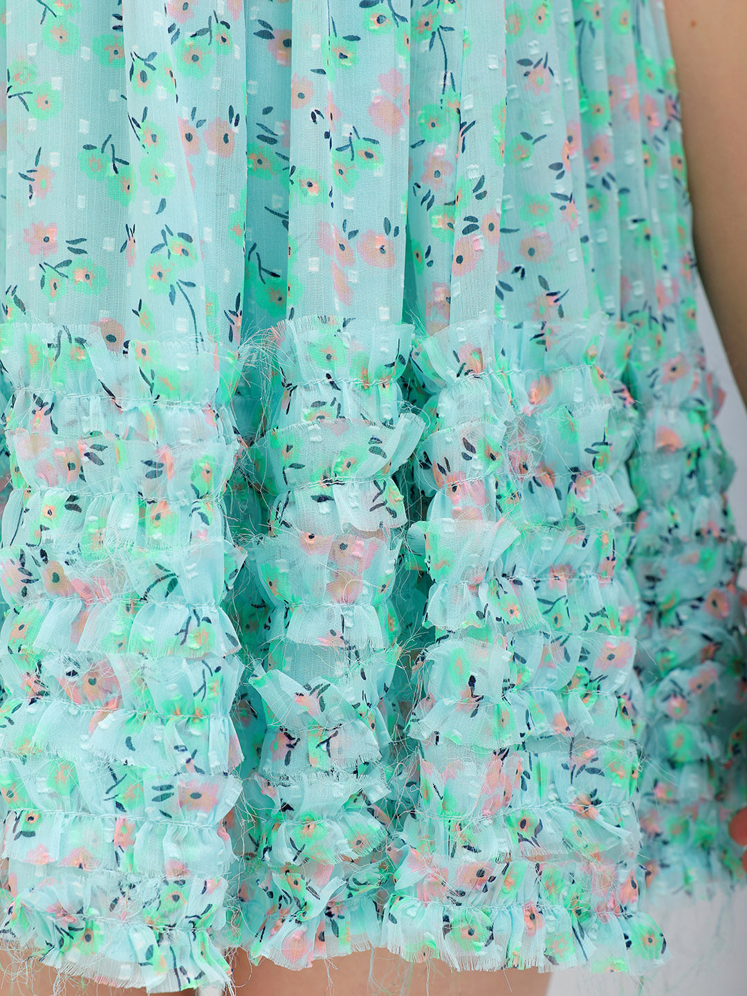 Women's Blue Fit and Flare Ditsy Printed Ruffle Dress