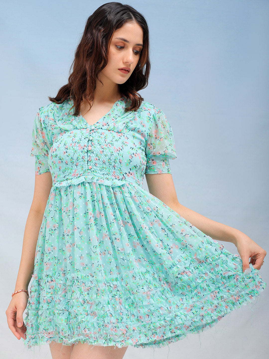 Women's Blue Fit and Flare Ditsy Printed Ruffle Dress