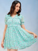 Women's Blue Fit and Flare Ditsy Printed Ruffle Dress