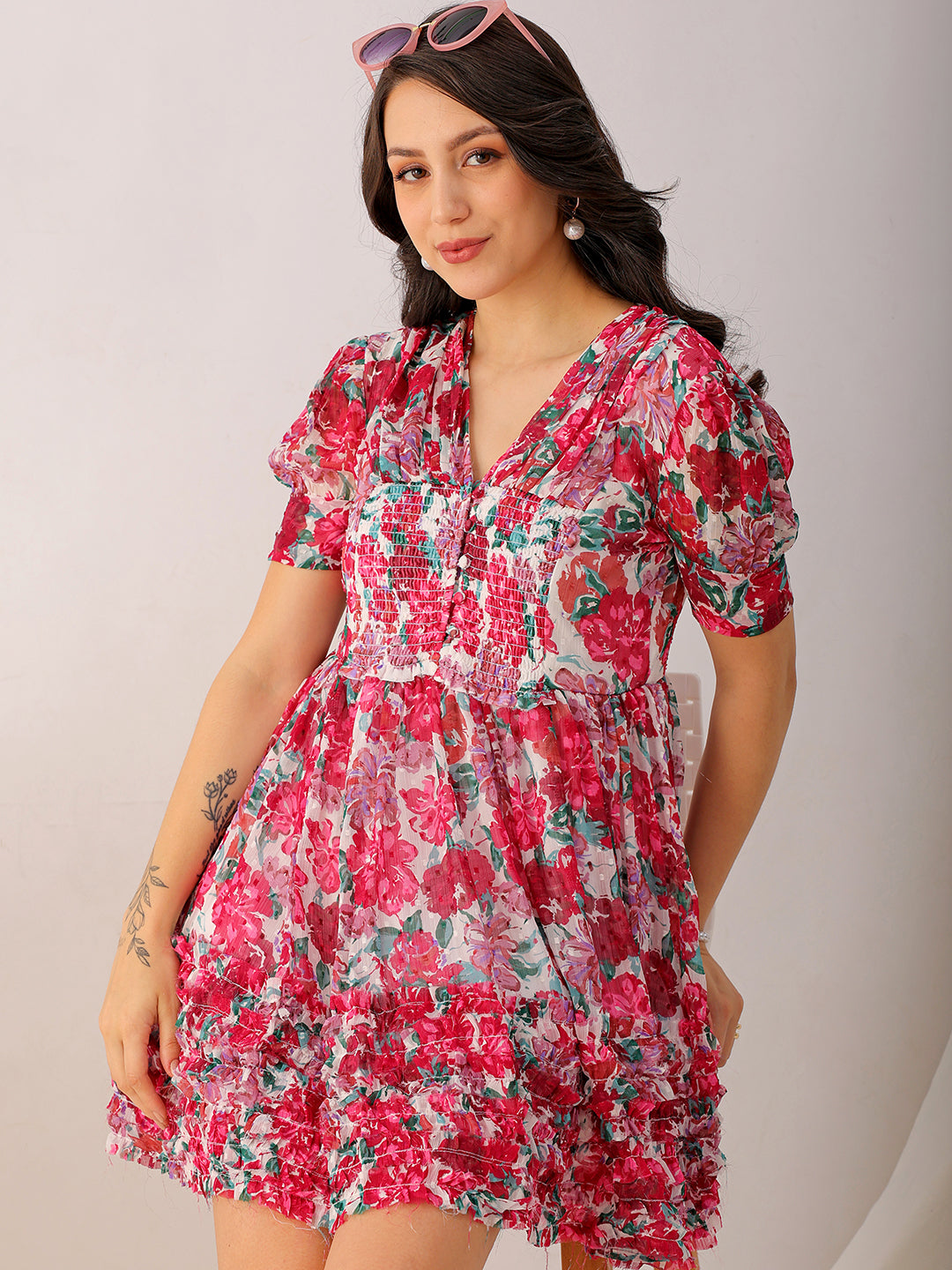 Women's White Fit And Flare Floral V neck Ruffle Dress