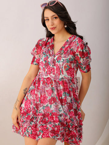 Women's White Fit And Flare Floral V neck Ruffle Dress
