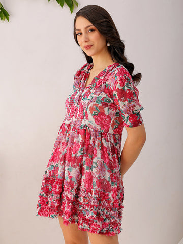 Women's White Fit And Flare Floral V neck Ruffle Dress