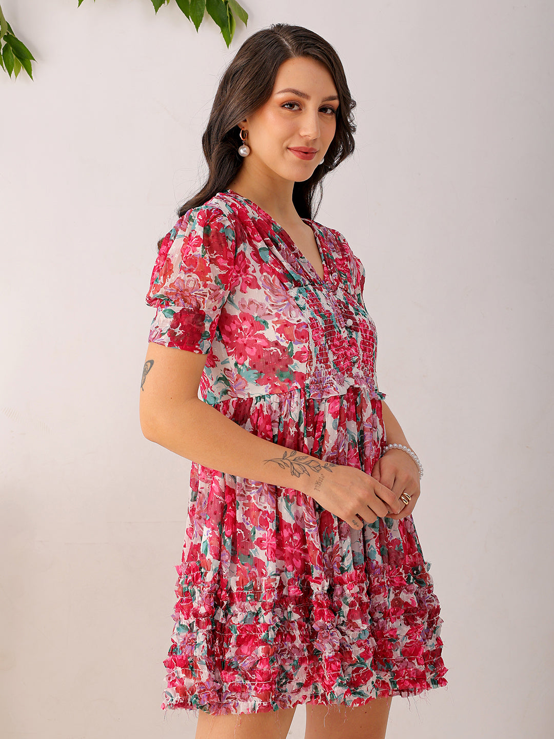 Women's White Fit And Flare Floral V neck Ruffle Dress