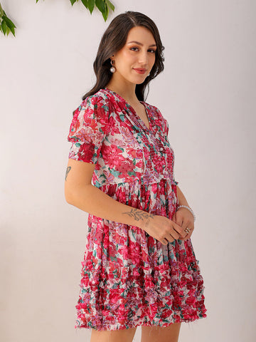 Women's White Fit And Flare Floral V neck Ruffle Dress