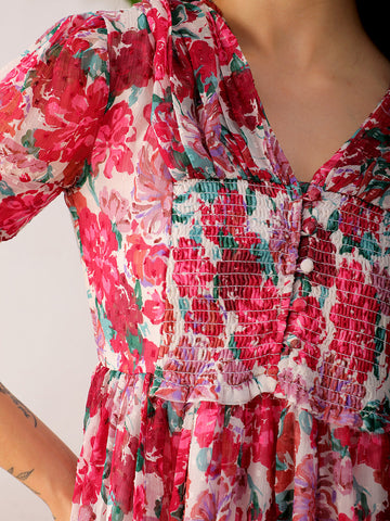 Women's White Fit And Flare Floral V neck Ruffle Dress