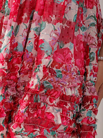 Women's White Fit And Flare Floral V neck Ruffle Dress