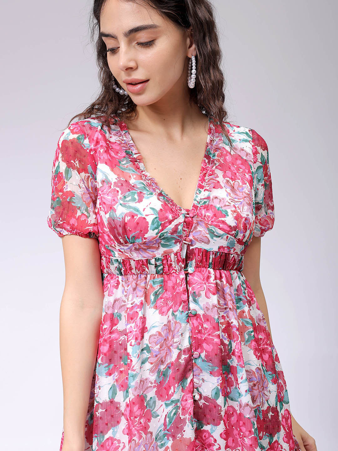 Women's Floral Mid Thigh V neck Ruffle Dress