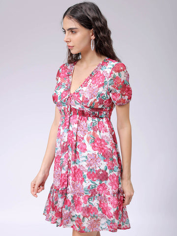 Women's Floral Mid Thigh V neck Ruffle Dress