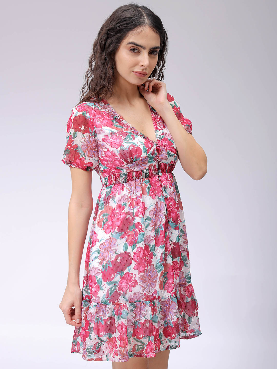 Women's Floral Mid Thigh V neck Ruffle Dress