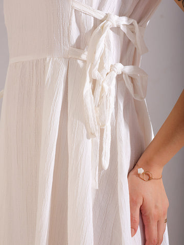 Women's White Flare Textured Round Neck Midi Dress