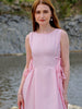 Women's Pink Flare Textured Round Neck Midi Dress
