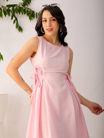 Women's Pink Flare Textured Round Neck Midi Dress