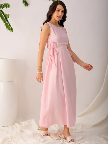 Women's Pink Flare Textured Round Neck Midi Dress