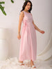 Women's Pink Flare Textured Round Neck Midi Dress