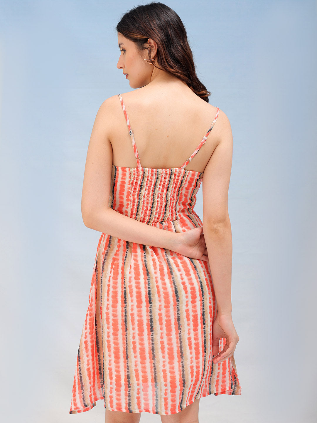 Women's Orange Fit and Flare Tie Dye Ruffle Dress