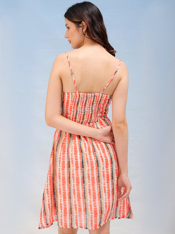 Women's Orange Fit and Flare Tie Dye Ruffle Dress