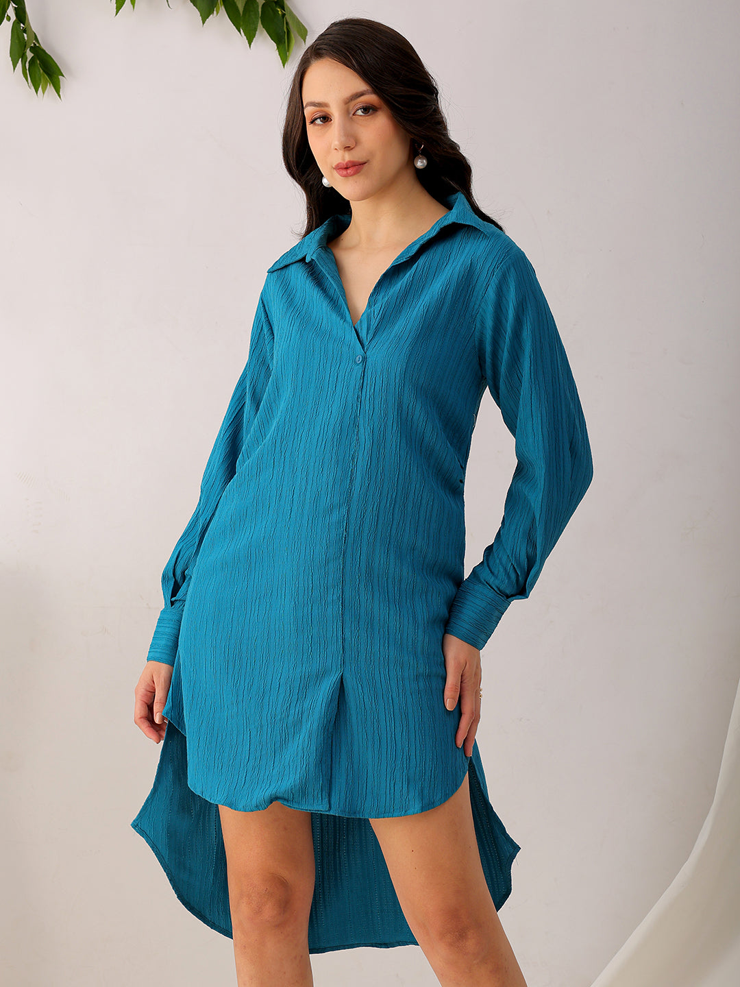 Women's Teal Straight Textured NA Asymmetric Dress