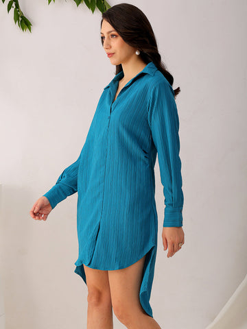 Women's Teal Straight Textured NA Asymmetric Dress