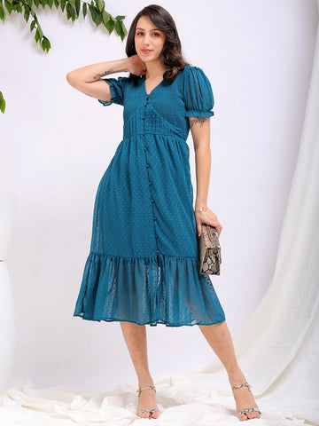 Women's Teal Fit and Flare Textured V neck Tiered Dress