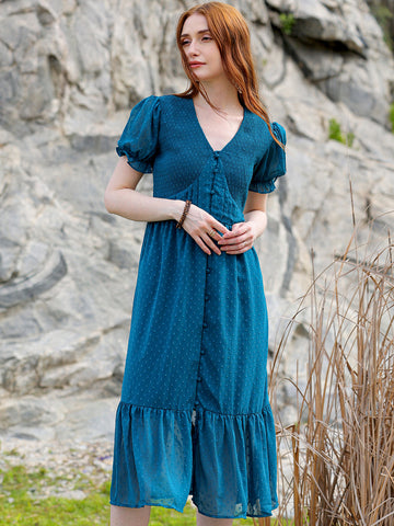 Women's Teal Fit and Flare Textured V neck Tiered Dress