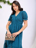 Women's Teal Fit and Flare Textured V neck Tiered Dress