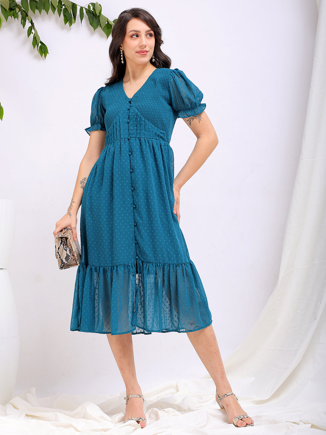 Women's Teal Fit and Flare Textured V neck Tiered Dress